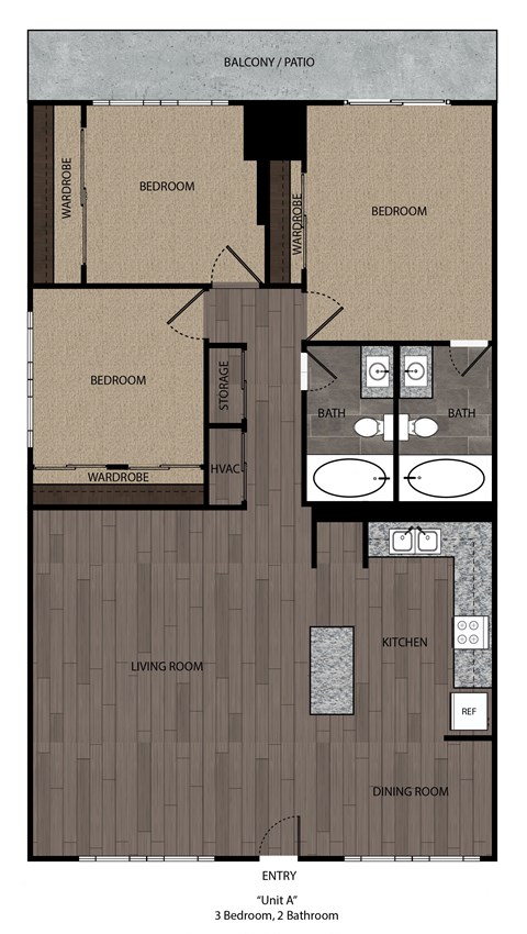 Floor plan for 3 beds, 2 baths, 1256 sqft