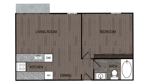 Floor plan for 1 bed, 1 bath, 850 sqft