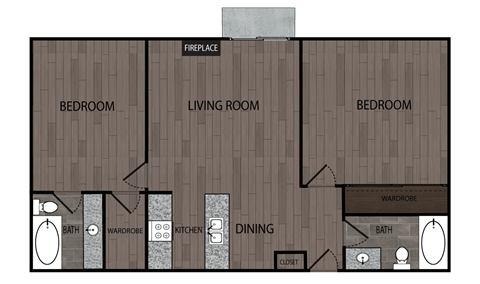 Floor plan for 2 beds, 2 baths, 955 sqft