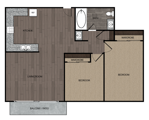 Floor plan for 2 beds, 1 bath, 850 sqft