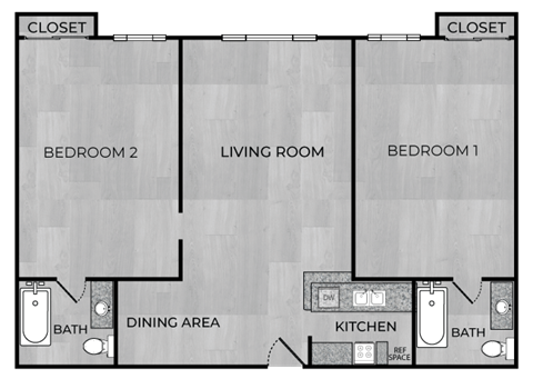 Floor plan for 2 beds, 2 baths, 820 sqft