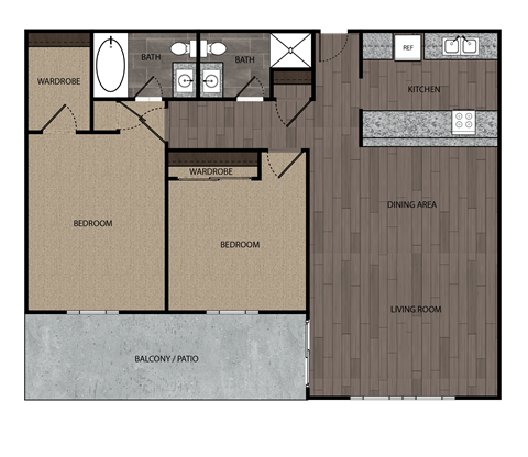 Floor plan for 2 beds, 2 baths, 1150 sqft