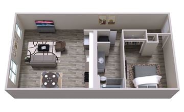 Reno apartment for rent - A top down view of a living room with a grey couch and a grey rug.
