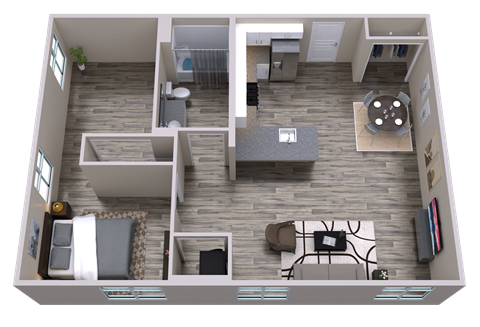 Floor plan for 1 bed, 1 bath, 755 sqft