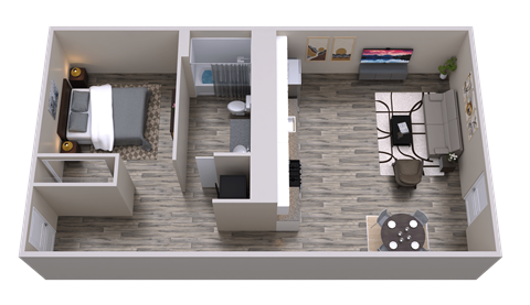 Floor plan for studio, 1 bath, 643 sqft