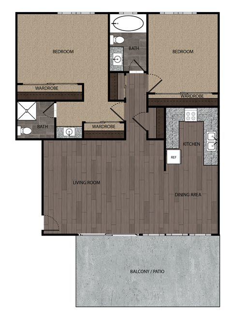 Floor plan for 2 beds, 2 baths, 935 sqft
