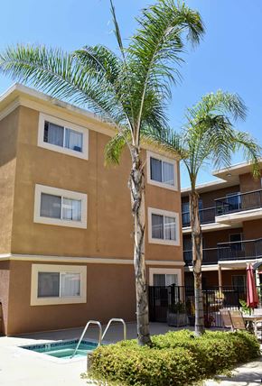 Sherman Oaks apartment for rent - a building with a pool and palm trees in front of it