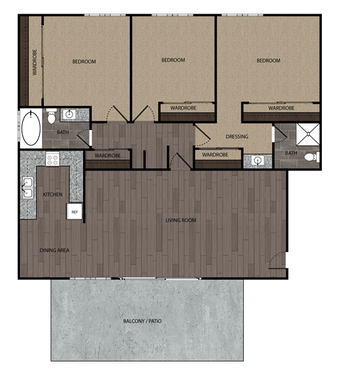 Floor plan for 3 beds, 2 baths, 1200 sqft