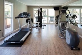 Manteca apartment for rent - a gym with cardio equipment and windows in a building with wood floors