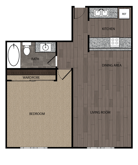 Floor plan for 1 bed, 1 bath, 612 sqft