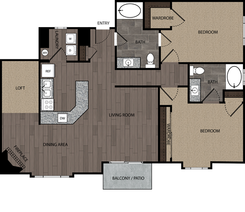 Floor plan for 2 beds, 2 baths, 1715 sqft