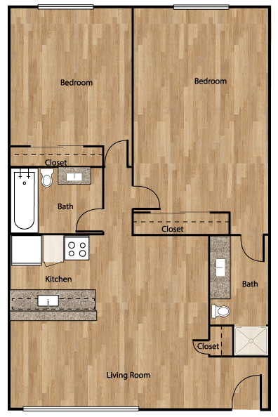 Floor plan for 2 beds, 2 baths, 900 sqft
