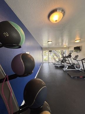 Lompoc apartment for rent - A gym with exercise equipment and a row of medicine balls.
