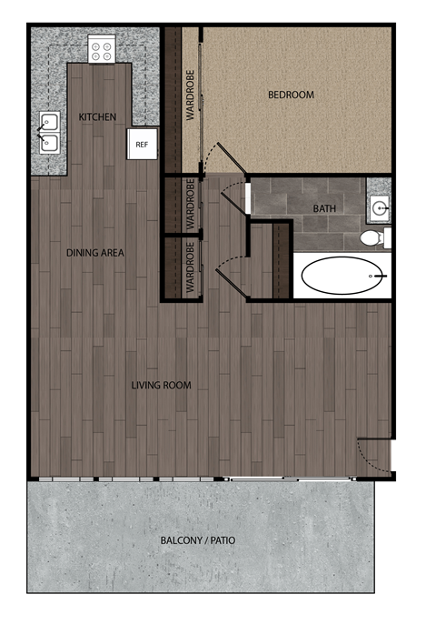 Floor plan for 1 bed, 1 bath, 740 sqft