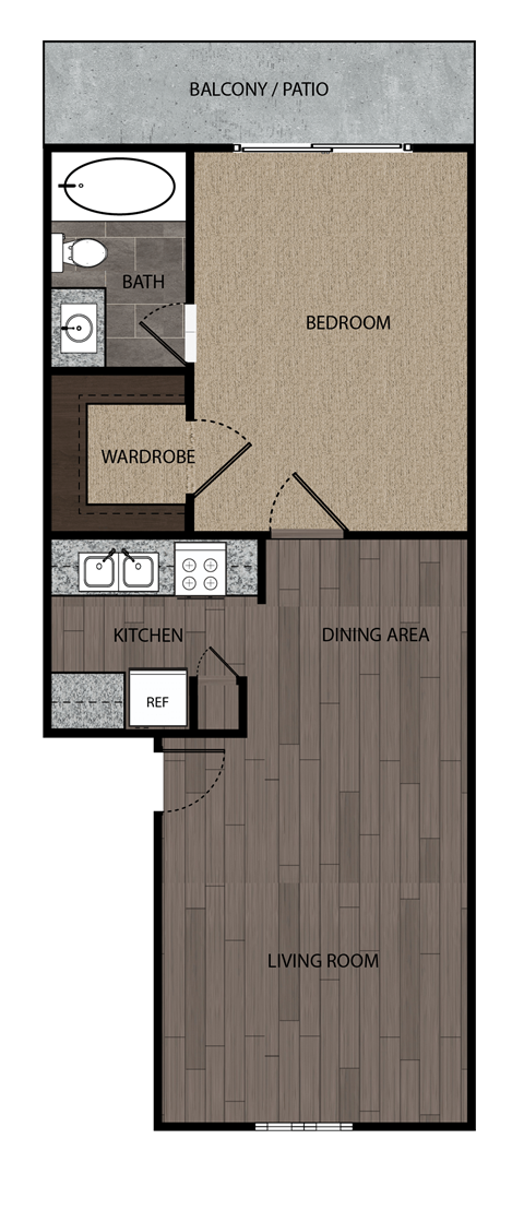 Floor plan for 1 bed, 1 bath, 605 sqft
