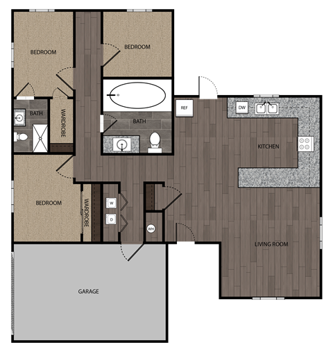 Floor plan for 3 beds, 2 baths, 1330 sqft