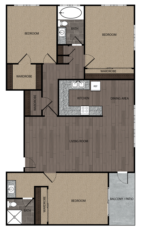 Floor plan for 3 beds, 2 baths, 1225 sqft