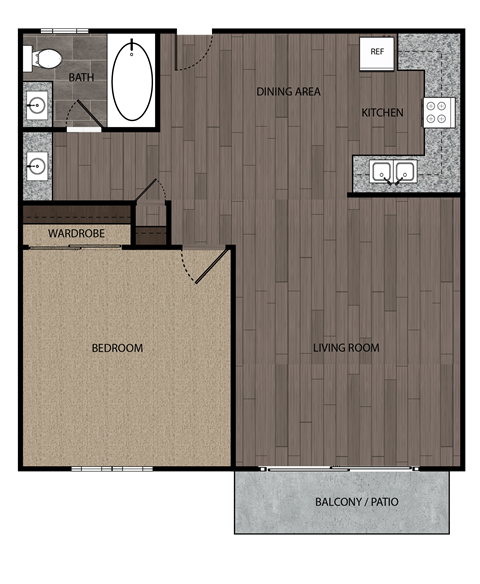 Floor plan for 1 bed, 1 bath, 669 sqft