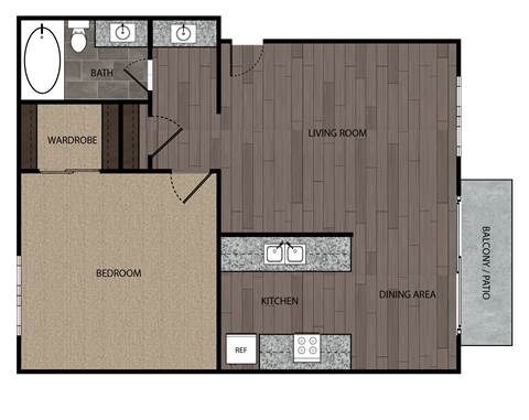 Floor plan for 1 bed, 1 bath, 613 sqft