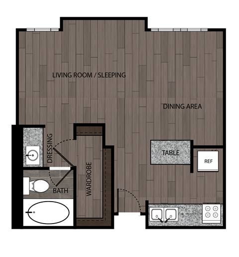 Floor plan for studio, 1 bath, 438 sqft