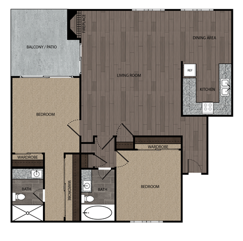 Floor plan for 2 beds, 2 baths, 1062 sqft
