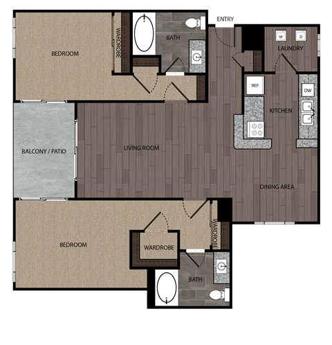 Floor plan for 2 beds, 2 baths, 1400 sqft
