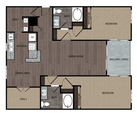 Floor plan for 2 beds, 2 baths, 1442 sqft