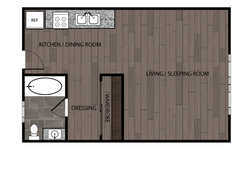 Floor plan for studio, 1 bath, 422 sqft