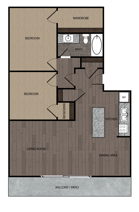 Floor plan for 2 beds, 1 bath, 920 sqft