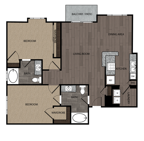 Floor plan for 2 beds, 2 baths, 1250 sqft