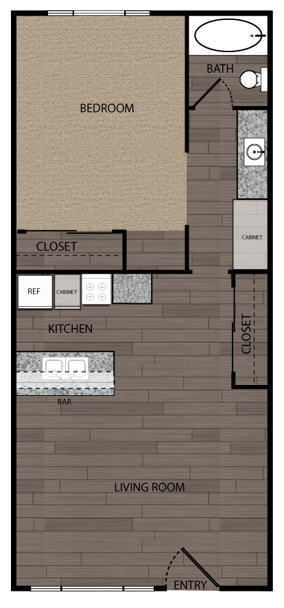 Floor plan for 1 bed, 1 bath, 843 sqft