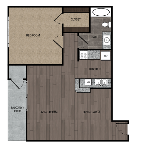 Floor plan for 1 bed, 1 bath, 662 sqft