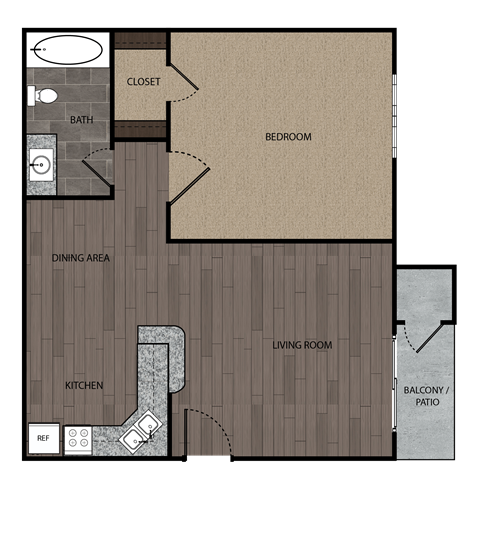 Floor plan for 1 bed, 1 bath, 577 sqft