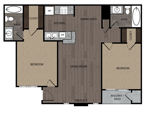 Floor plan for 2 beds, 2 baths, 884 sqft