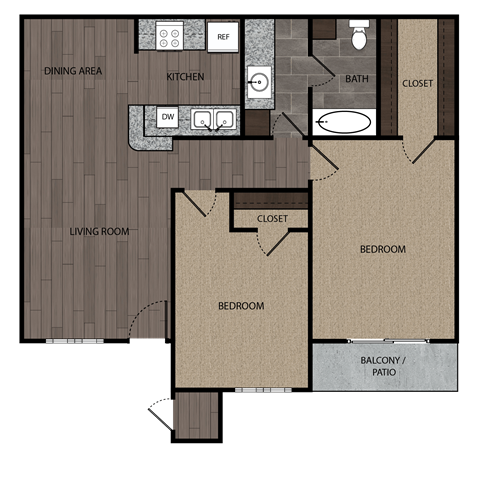 Floor plan for 2 beds, 1 bath, 850 sqft