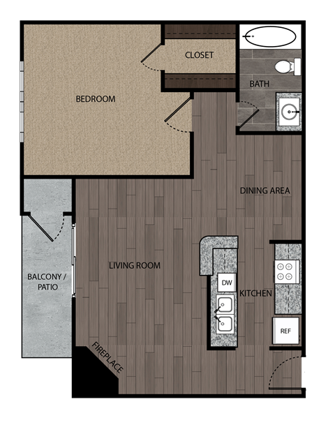 Floor plan for 1 bed, 1 bath, 724 sqft
