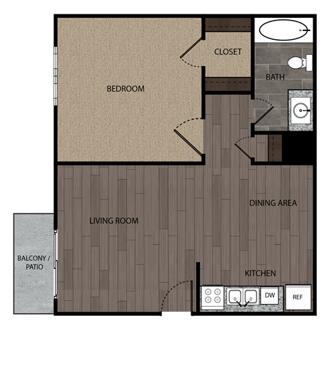 Floor plan for 1 bed, 1 bath, 518 sqft