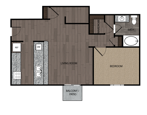 Floor plan for 1 bed, 1 bath, 890 sqft