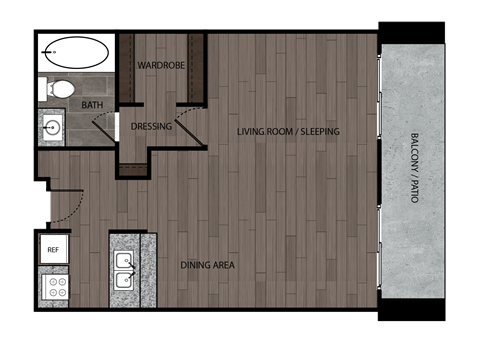 Floor plan for studio, 1 bath, 505 sqft