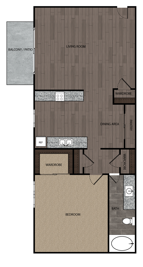 Floor plan for 1 bed, 1 bath, 627 sqft