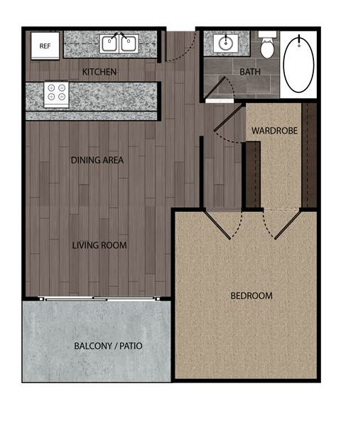 Floor plan for 1 bed, 1 bath, 672 sqft