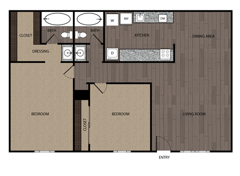 Floor plan for 2 beds, 2 baths, 965 sqft