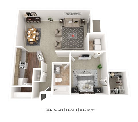 Floor plan for 1 bed, 1 bath, 845 sqft