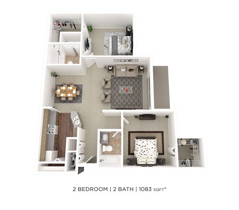 Floor plan for 2 beds, 2 baths, 1083 sqft