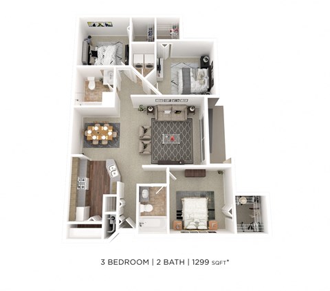 Floor plan for 3 beds, 2 baths, 1299 sqft