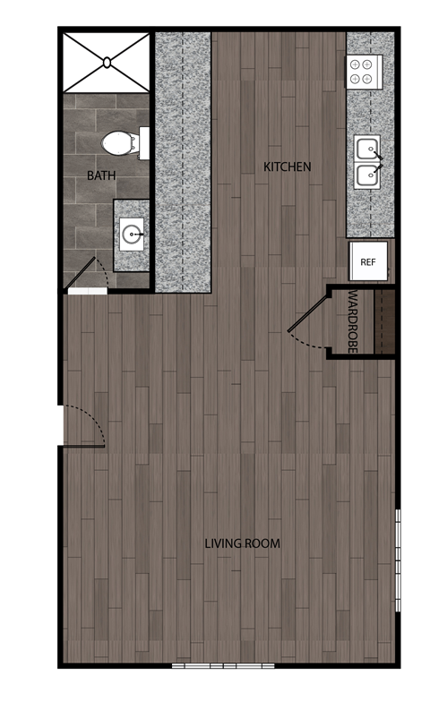 Floor plan for 1 bed, 1 bath, 350 sqft
