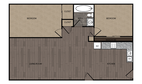 Floor plan for 2 beds, 1 bath, 804 sqft