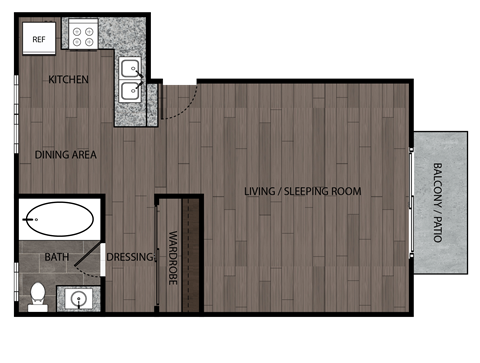 Floor plan for studio, 1 bath, 422 sqft