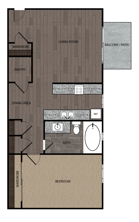 Floor plan for 1 bed, 1 bath, 592 sqft