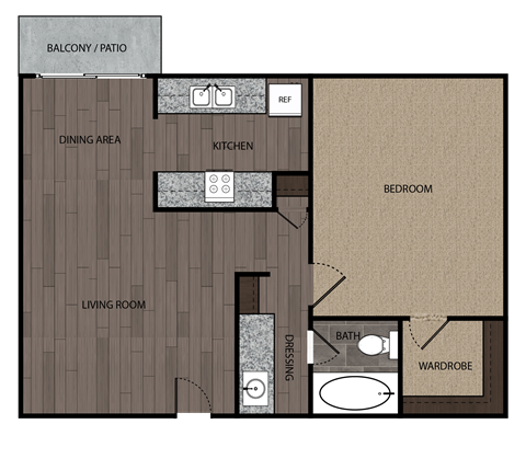 Floor plan for 1 bed, 1 bath, 636 sqft